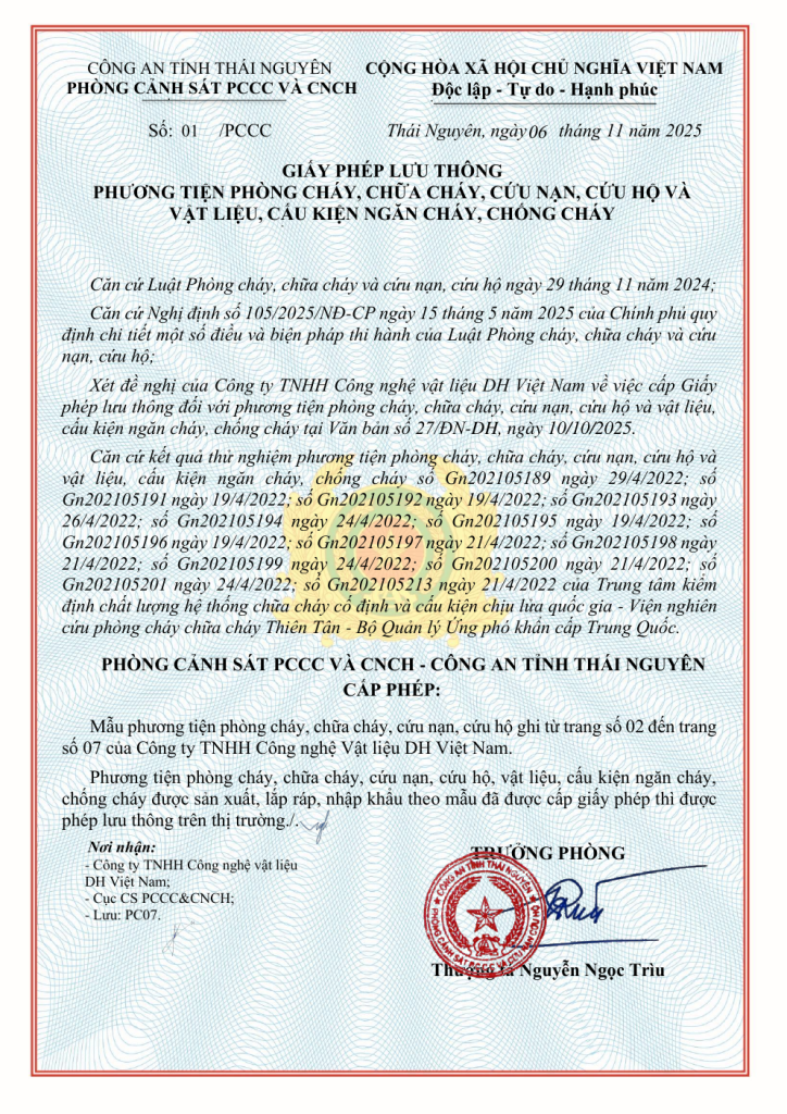 Giấy phép lưu thông phương tiện PCCC - Ống CPVC DH Việt Nam