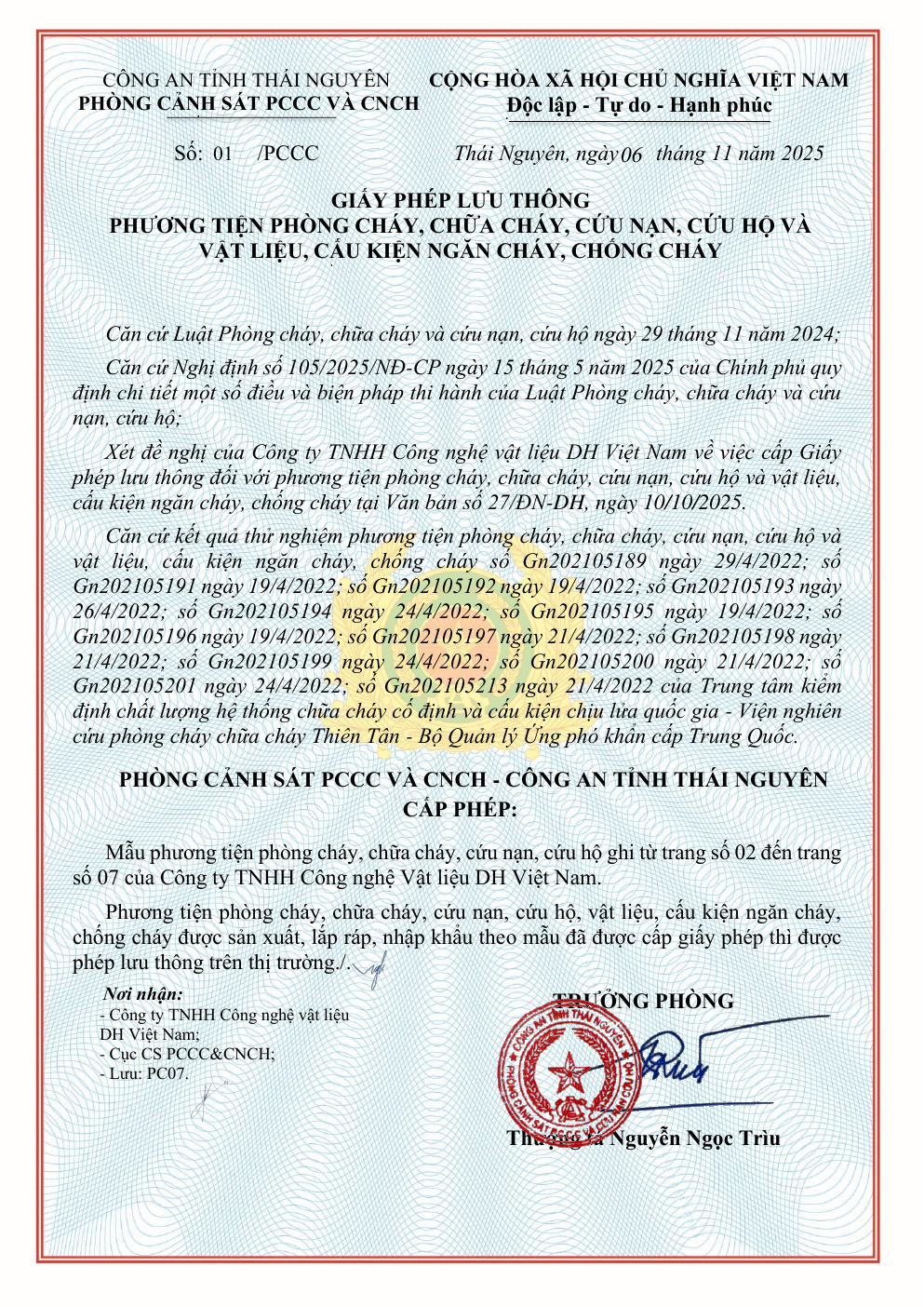 Giấy phép lưu thông phương tiện PCCC - Ống CPVC DH Việt Nam