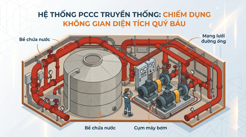 Hệ thống PCCC truyền thống chiếm dụng không gian diện tích quý báu